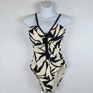 NWT Sanctuary Women’s Black Cream Abstract Print Ruched One Piece Swimsuit Small